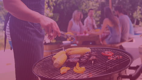 animation of group of caucasian friends having bbq and talking