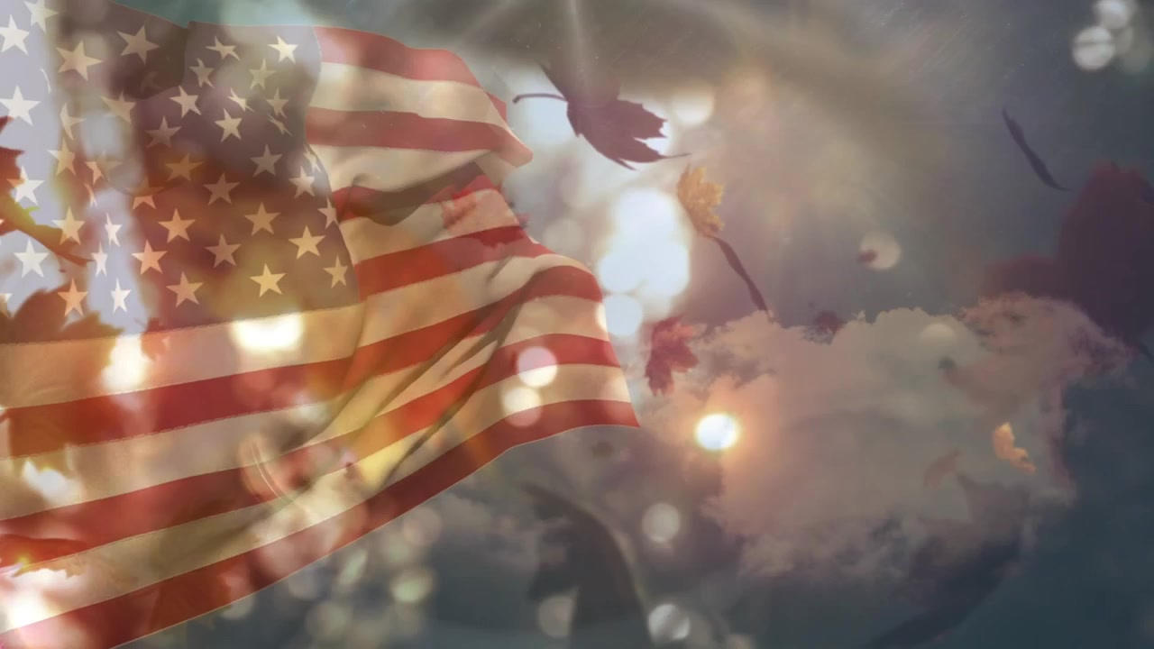 Animation of sky and leaves over flag of usa