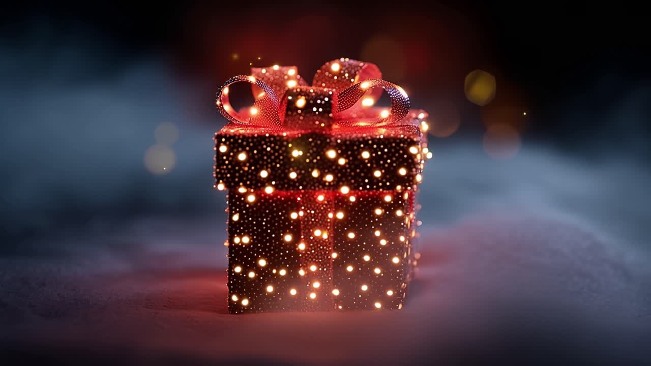 Una scatola regalo brilla calorosamente in una luce soffusa. Il terreno innevato sussurra sotto il suo dolce bagliore. Un nastro rosso si attorciglia in cima, scintillando delicatamente. Sogni di gioia, sorpresa e calore. Perfetta per gli auguri di festa.