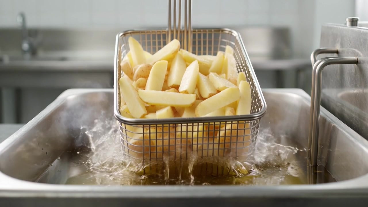Friske pommes frites sænkes ned i en varm frituregryde