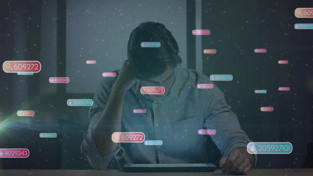 Man using tablet with floating numbers and data processing animation