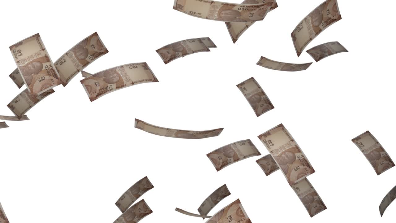 los billetes de 10 rupias indias cayendo. los billetes aislados sobre un fondo blanco.