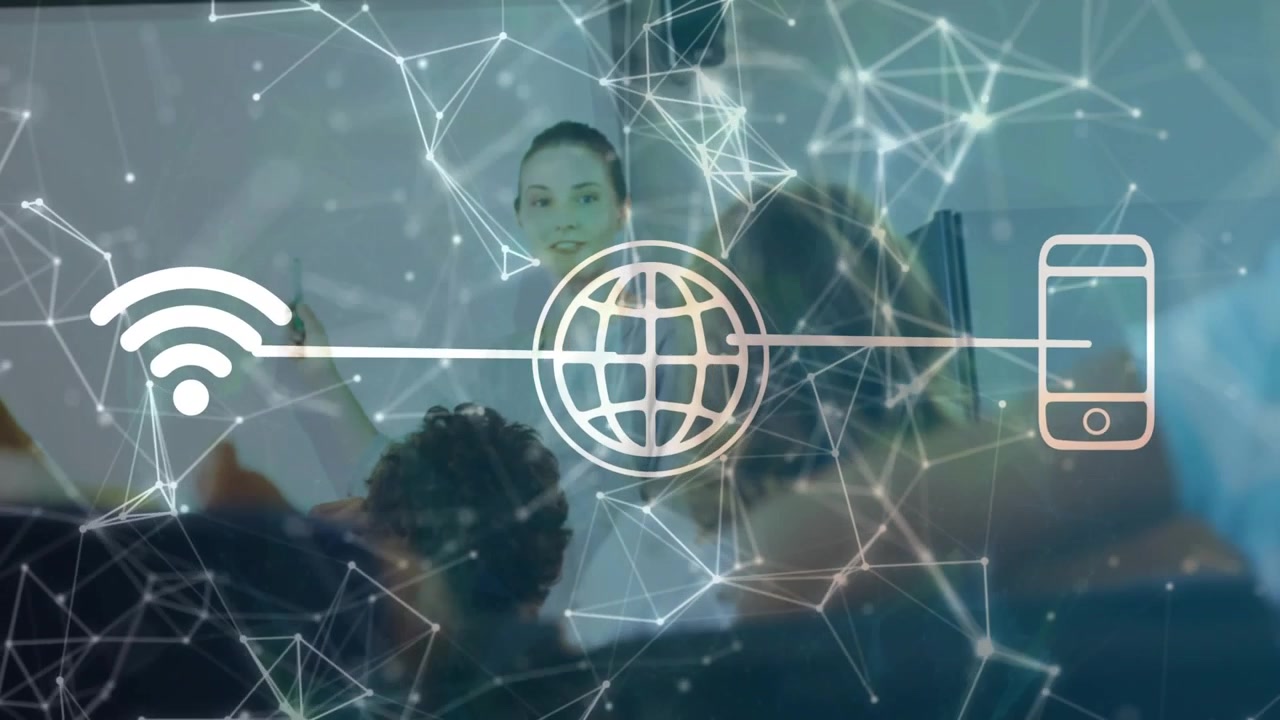 Instruktør vejleder undervisning i klasseværelset som et overlay, der vises med pulserende Wi-Fi-, globus- og telefonikoner.