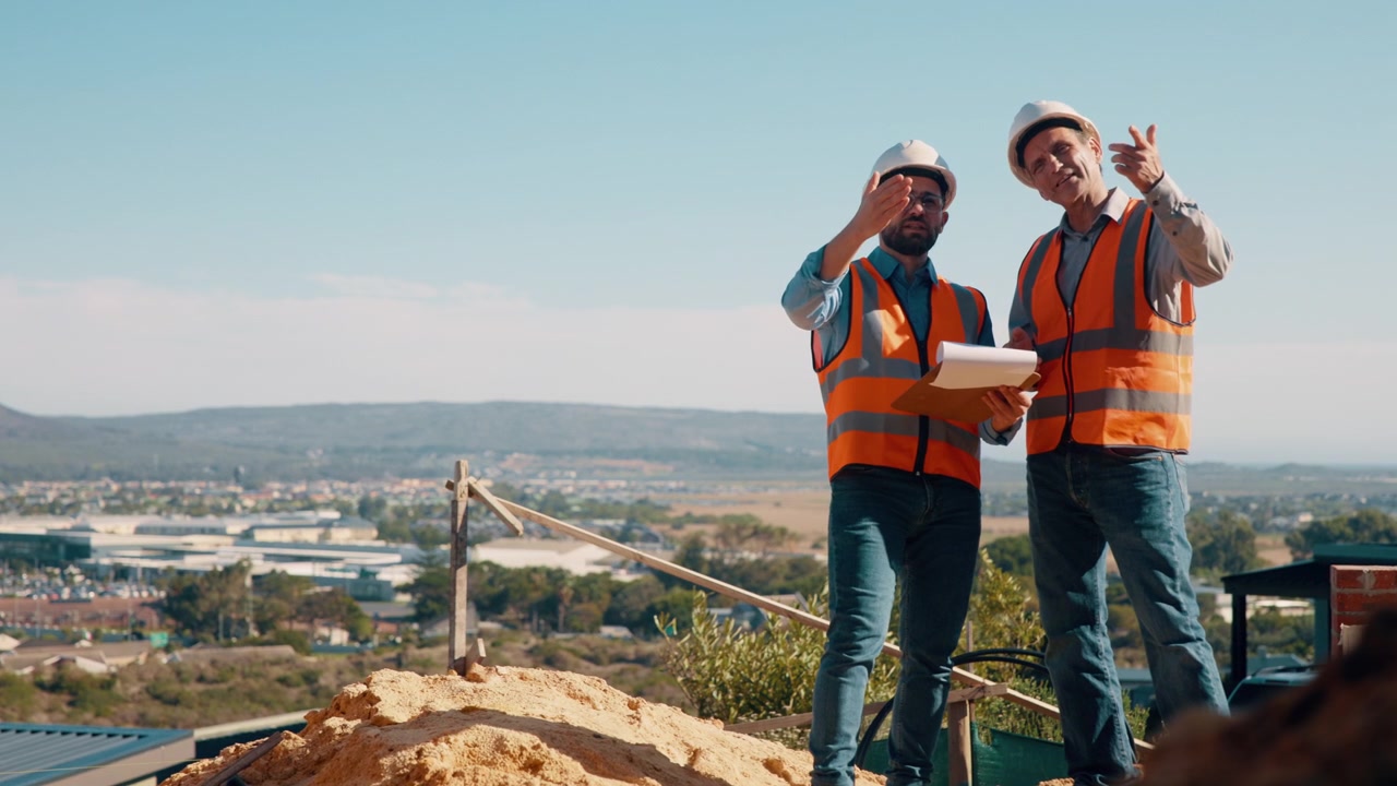 Two Construction Engineers Reviewing Plans at a Building Site