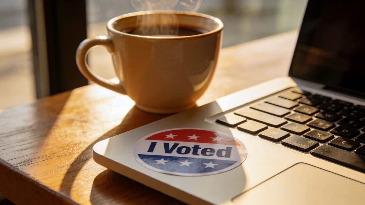 Hot cup steaming by laptop with I Voted sticker, signaling postvote work break, sunlight shifting