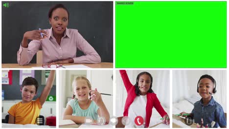 Animation-of-six-screens-of-diverse-children,-teacher-and-green-screen-during-online-school-lesson