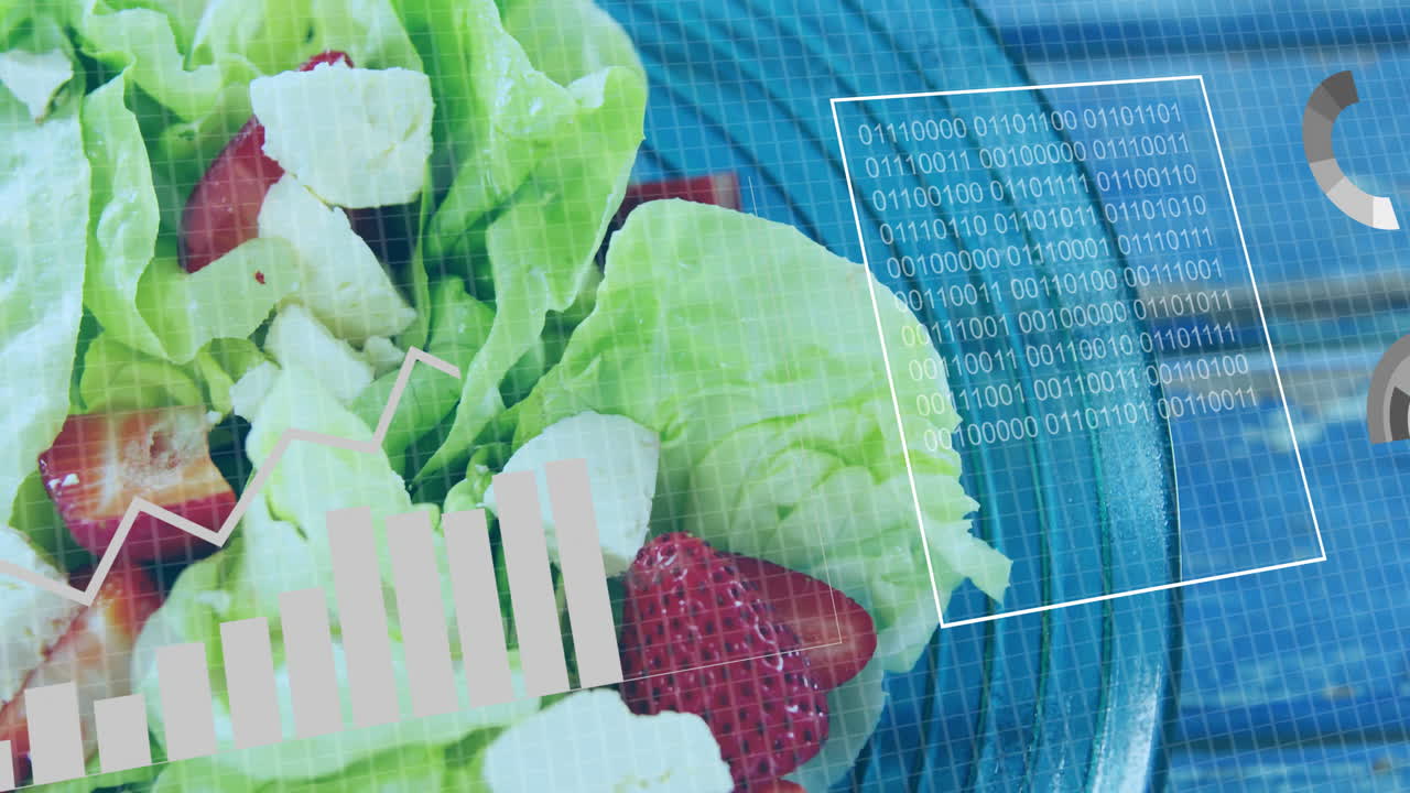 Lettuce and strawberries with data processing animation overlaid on blue background