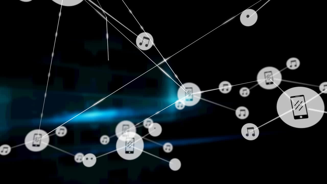 검은색 배경의 파란색 모양 위에 아이콘으로 연결 네트워크의 애니메이션