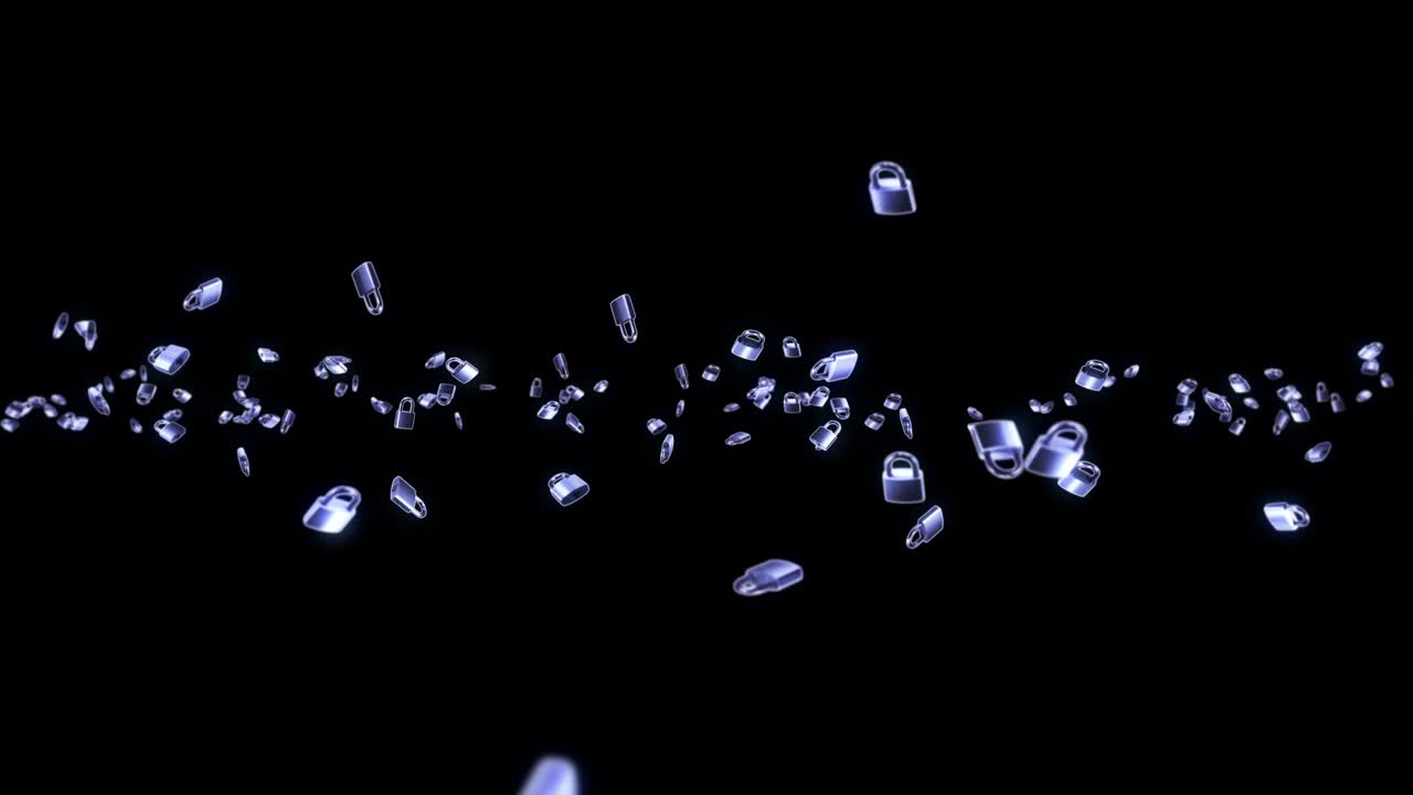 검은색 배경에 많은 은색 패들록을 날리는 보안 또는 비밀 보호 개념, 회전하는 패들록의 3d 애니메이션, 루프 애니메이션.