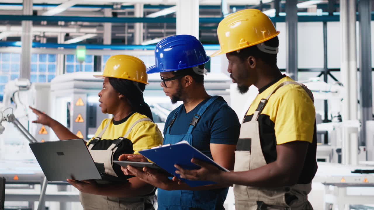Vertical Video All black inspectors team in photovoltaics factory look over documents