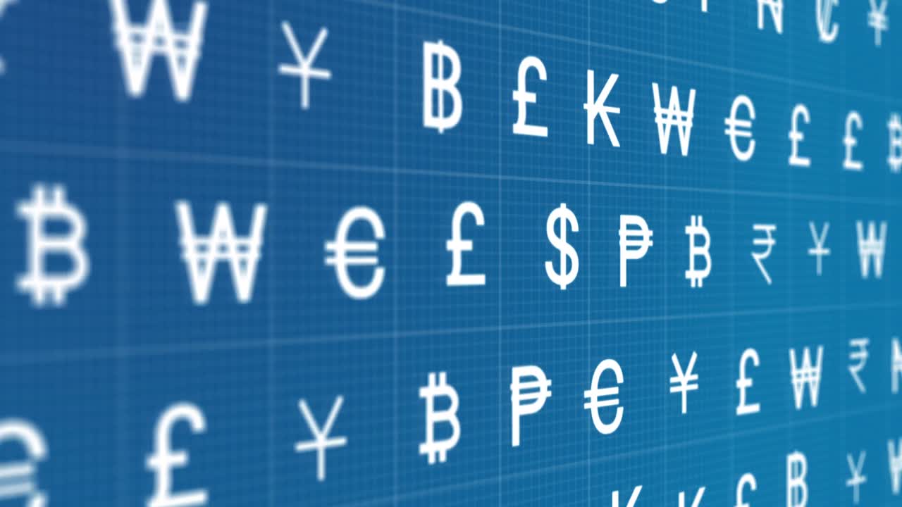 파란색 배경 에 움직이는 통화 표지판 의 행 의 애니메이션