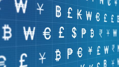 animation of rows of currency signs moving on blue background