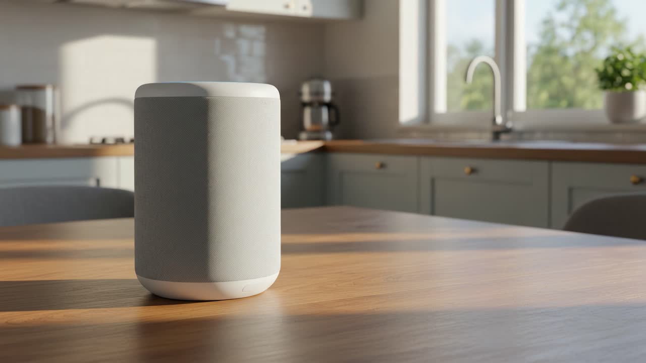 Modern Smart Speaker on Wooden Kitchen Table Surrounded by Natural Light, Showcasing Sleek Design and Contemporary Home Technology in a Cozy Culinary Space
