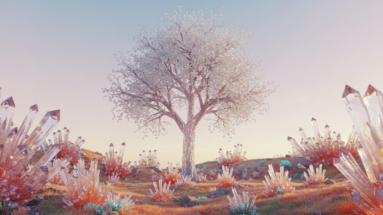 A Serene and Enchanting Landscape Featuring a Majestic Tree Surrounded by Sparkling Crystals, Capturing the Beauty of Nature in a Dreamlike Setting