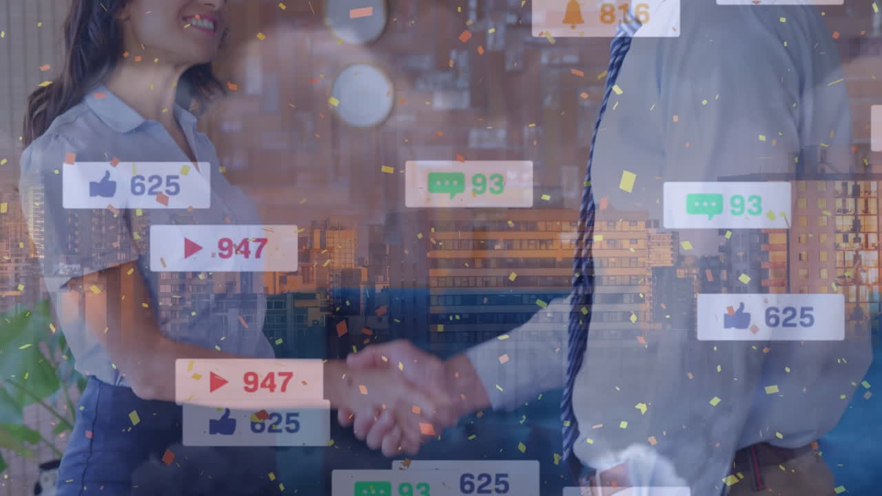 다양한 사업가들이 손을 흔드는 데이터와 소셜 미디어 아이콘의 애니메이션