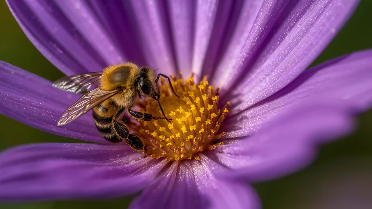 Atterrissage, une abeille butinant et se nourrissant au centre d’une marguerite violette, recueillant des grains de pollen