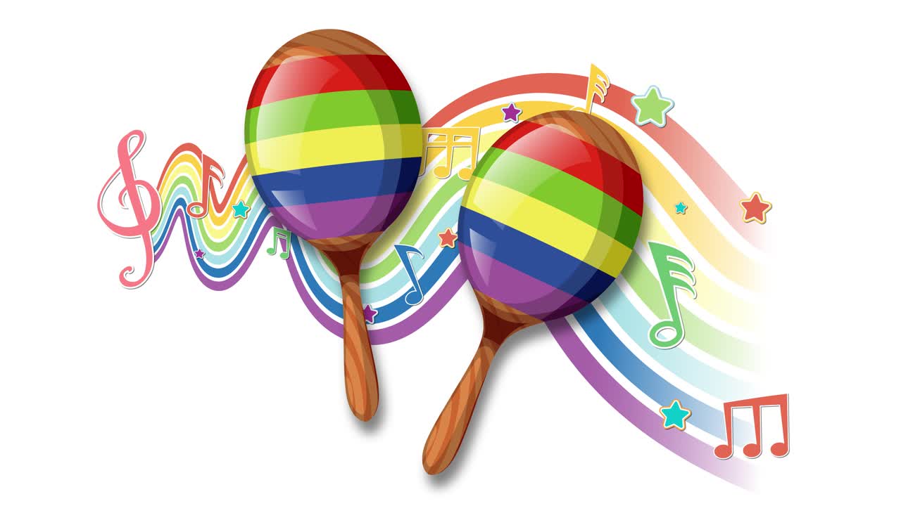 Colorful maracas animate with musical notes and rainbows, creating a lively and joyful visual experience