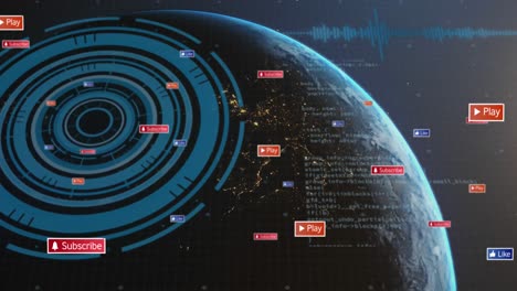 Animation-Von-Social-Media-Symbolen-Auf-Bannern-über-Dem-Globus-Und-Scope-Scanning