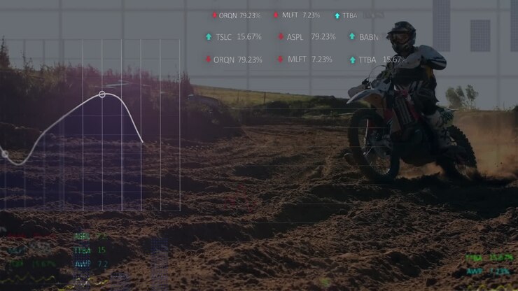 Financial data and stock market animation over motorcyclist riding on dirt track