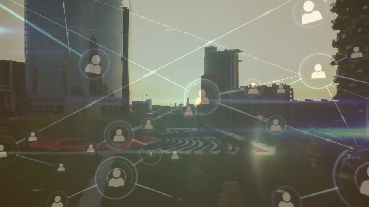 Animation of network of profile icons and blue light trails against aerial view of cityscape