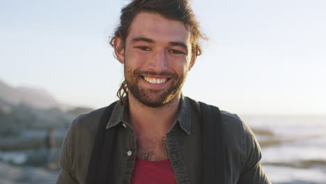 Face,-happy-and-man-at-beach