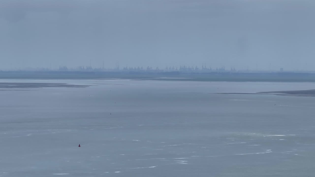 벨기에 안트베르펜 의 두꺼운 안개 속 에 있는 안트베르펜 항구 의 멀리 보이는 모습