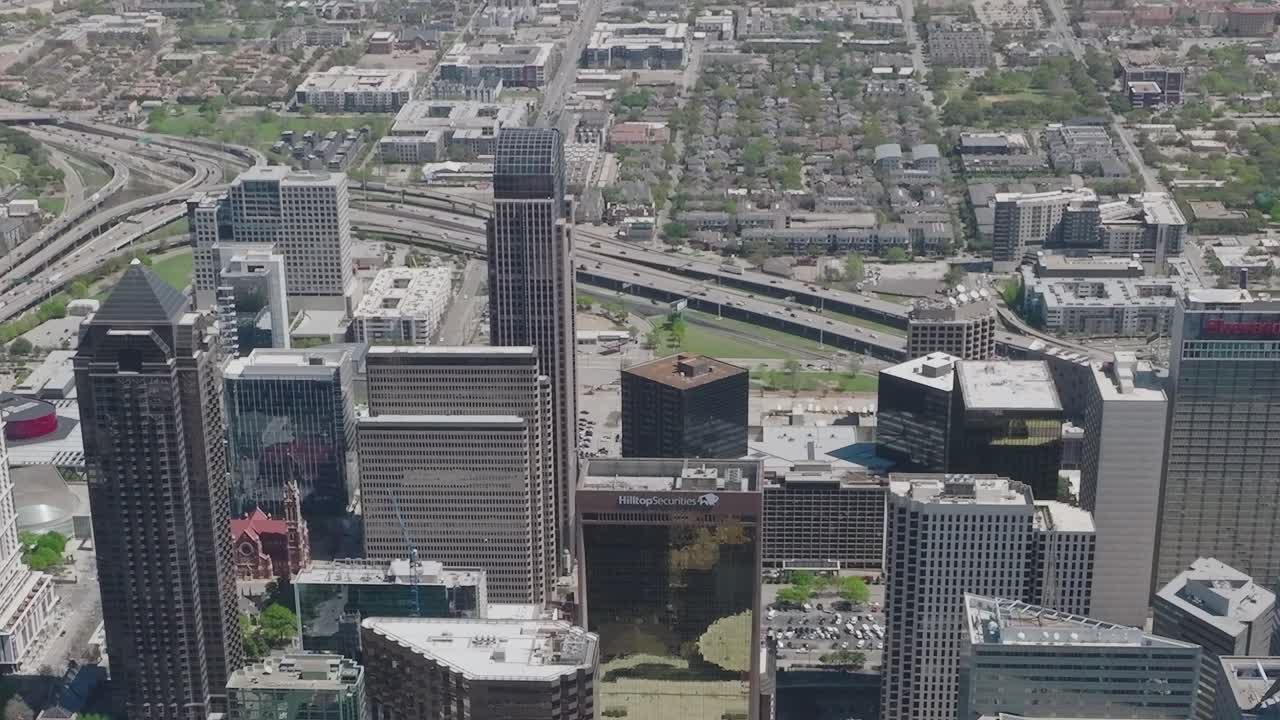 View over downtown Dallas with buildings and highways in focus