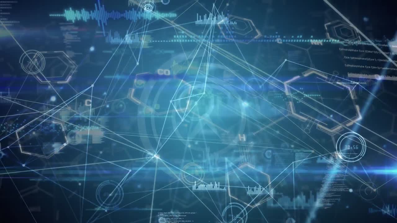 검은색 배경에 데이터 처리 및 연결 네트워크의 애니메이션