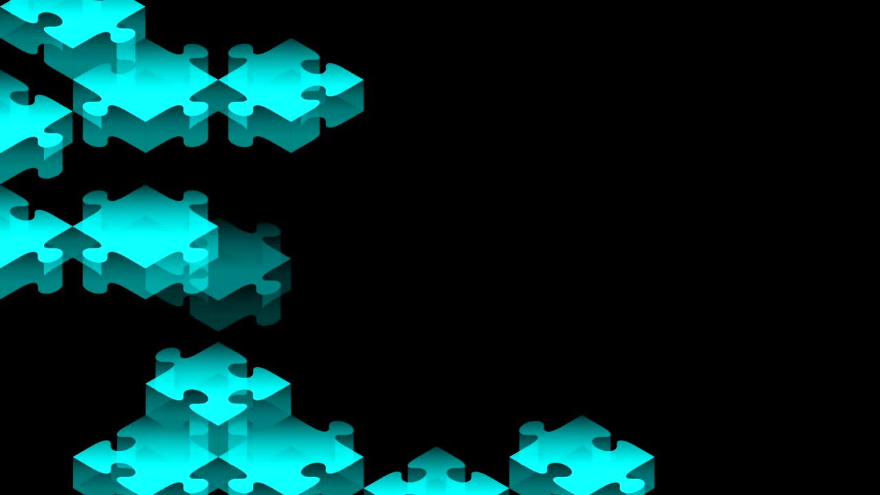 rompecabezas 3d isométrico ensamblaje virtual movimiento ilustración de color azul en fondo negro, animación de bucle sin costuras 4k con espacio de copia