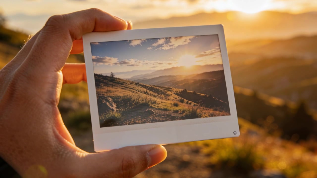 Tenendo una stampa bagnata, una mano con manica e cinghia ruota verso le colline illuminate dal sole, con una scena corrispondente che mostra una fotocamera DSLR.