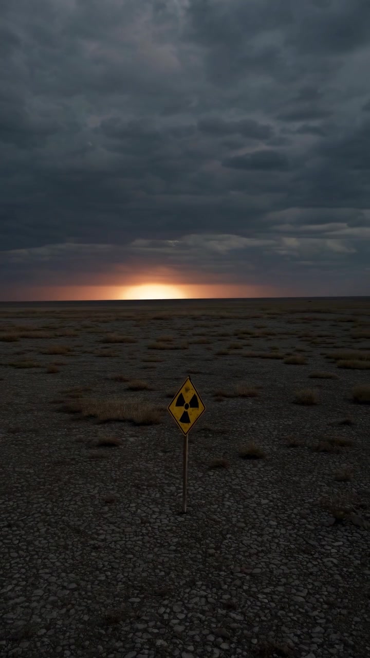 Segnale di avvertimento radiazioni in un paesaggio desolato e brullo