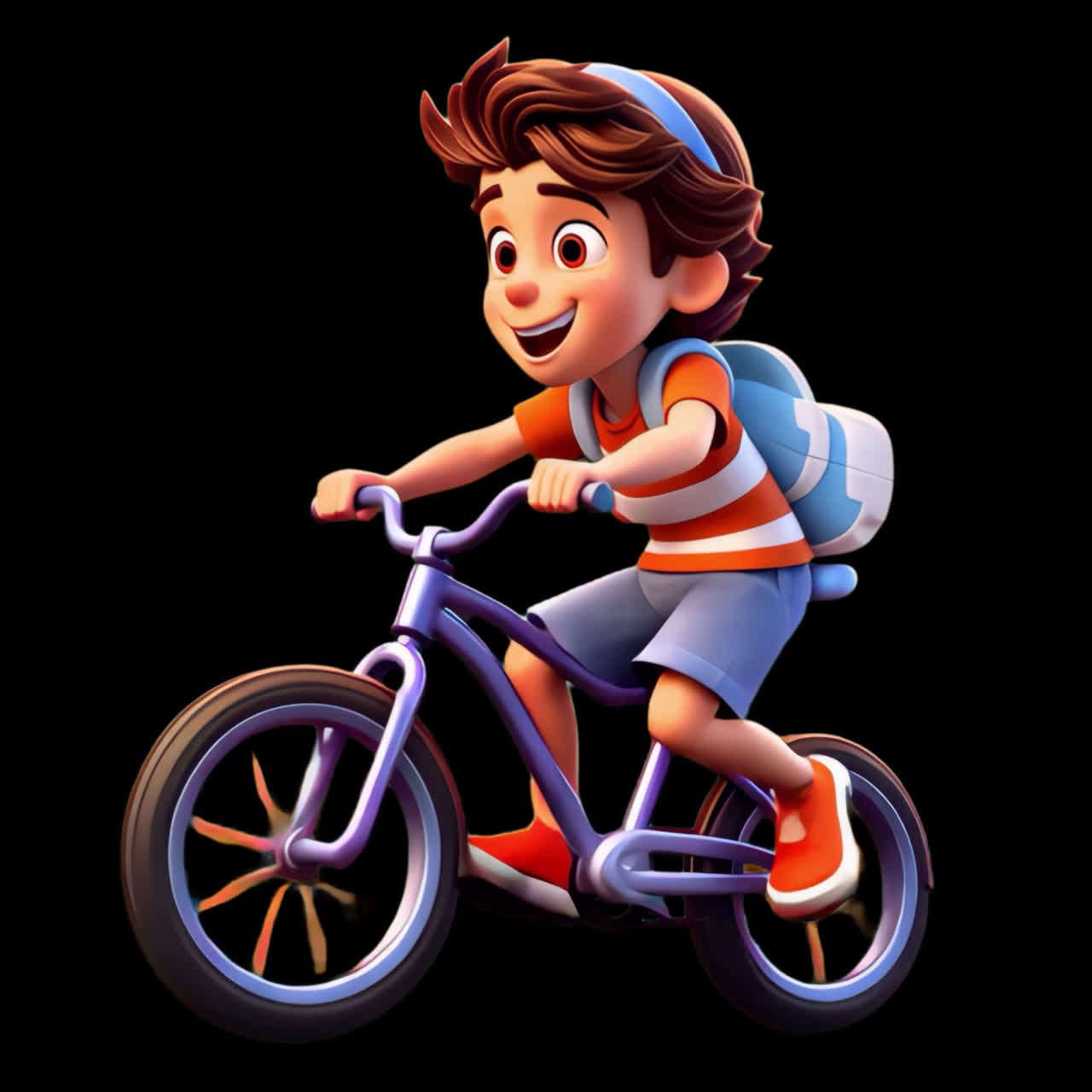 Joyful child riding bicycle animation isolated asset, transparent 4K video, alpha channel, ProRes