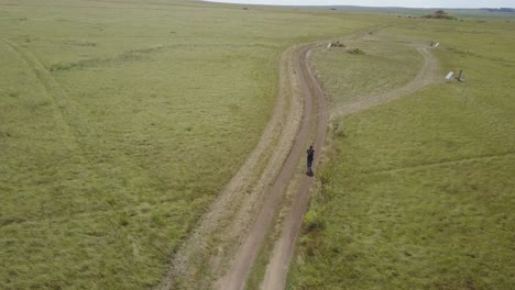 person walking on a dirt road through a field