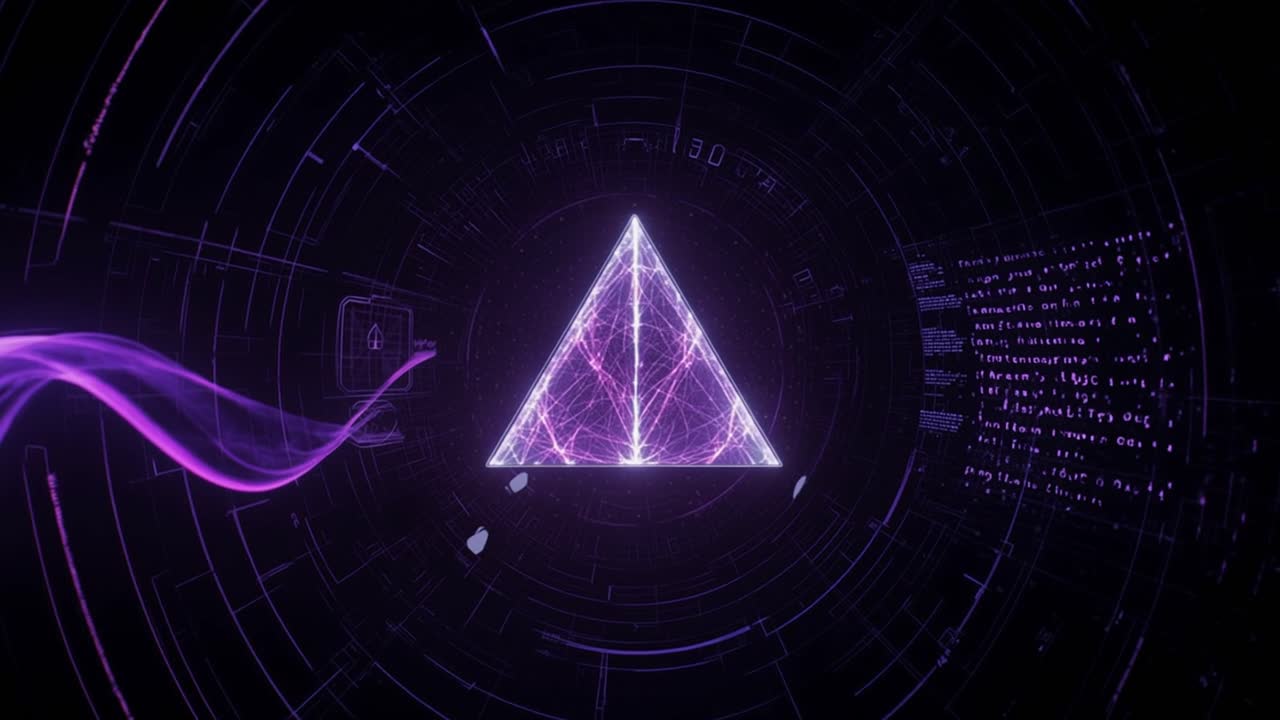 Abstrakt glødende lilla trekant i futuristisk digitalt rum