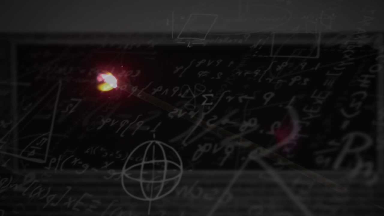 검은 바탕에 수학적 방정식과 다이어그램 위에 불의 애니메이션