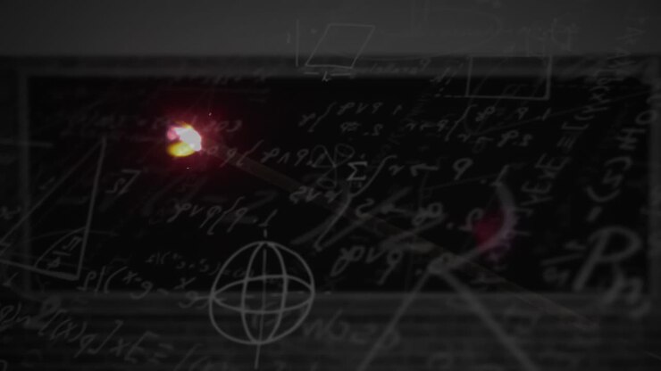 Animation of fire over mathematical equations and diagrams against black background
