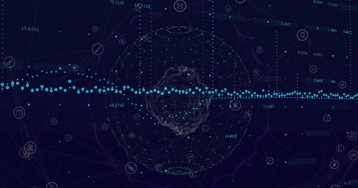 Animation of financial data processing over network of connections and globe on black background