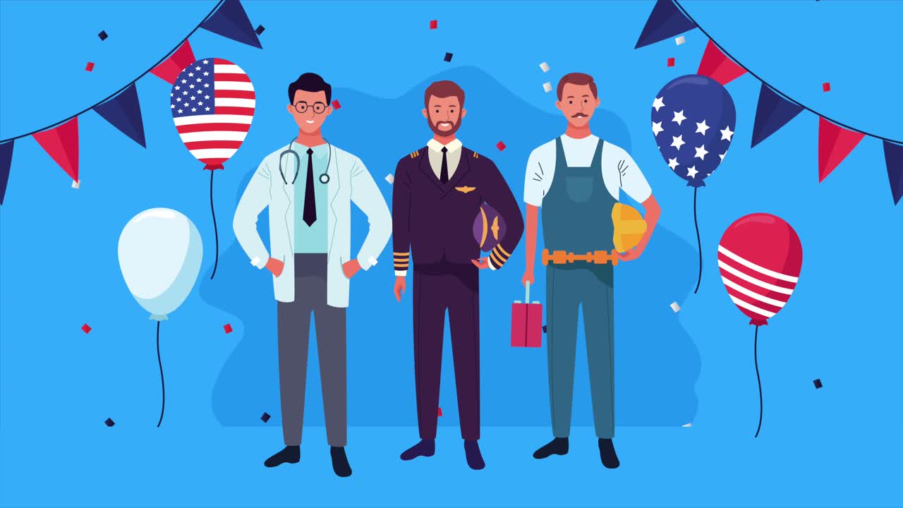 미국 국기와 풍선, 헬, 노동자의 축하 노동의 날