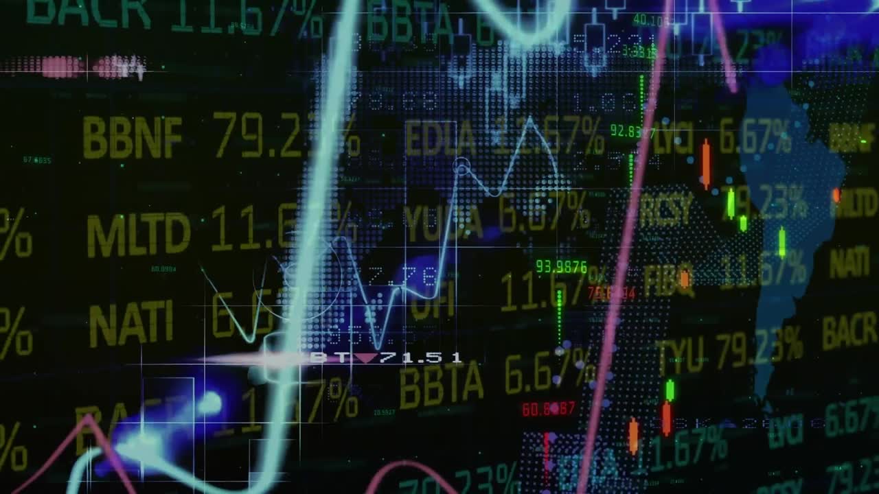 animación de datos financieros en una pantalla digital con información diversa