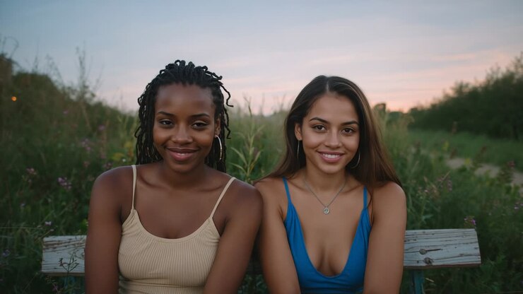 Donne sorridenti che rispondono alla telecamera, mentre inquadra un campo al tramonto, una panchina, con un top senza maniche beige e un top blu.