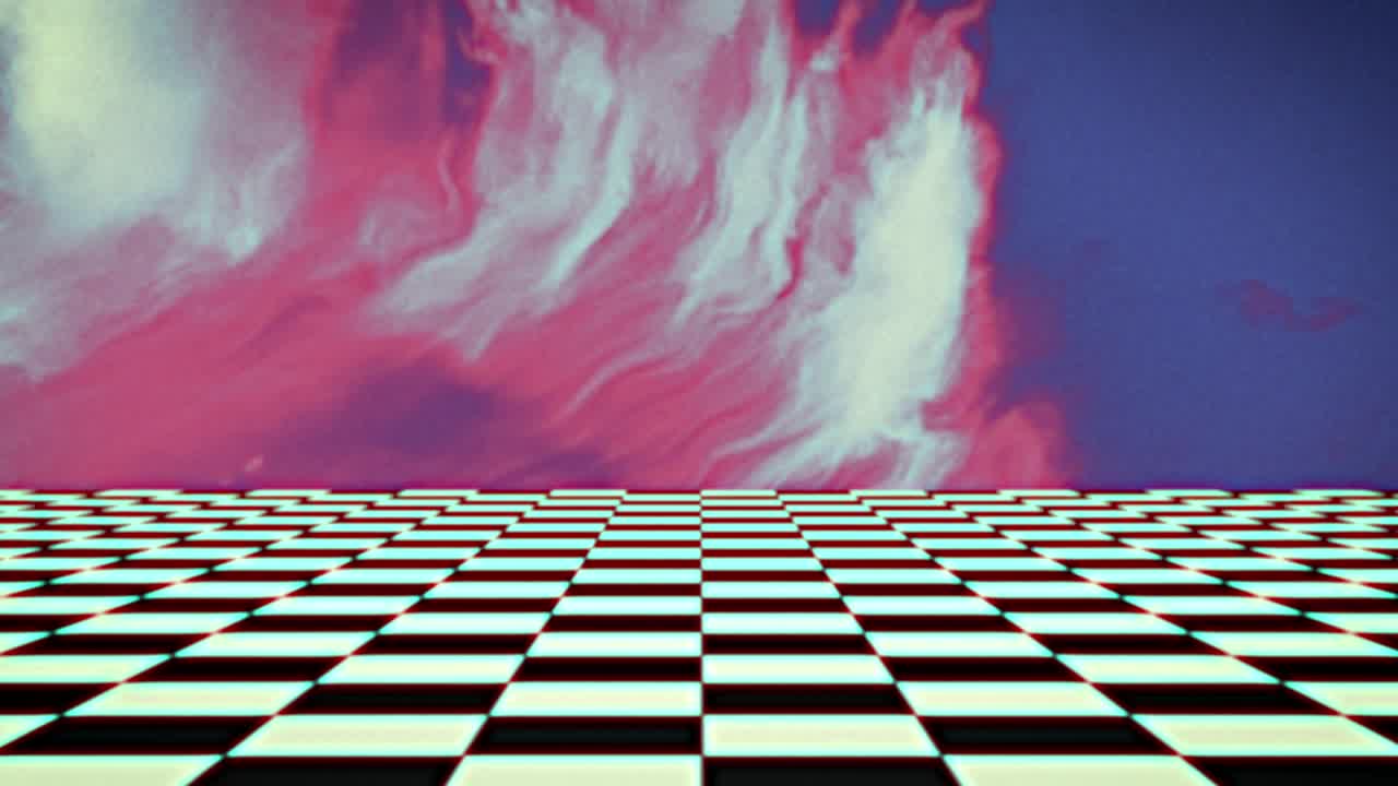 patrón de tablero de ajedrez moviéndose contra el humo rosa sobre fondo azul