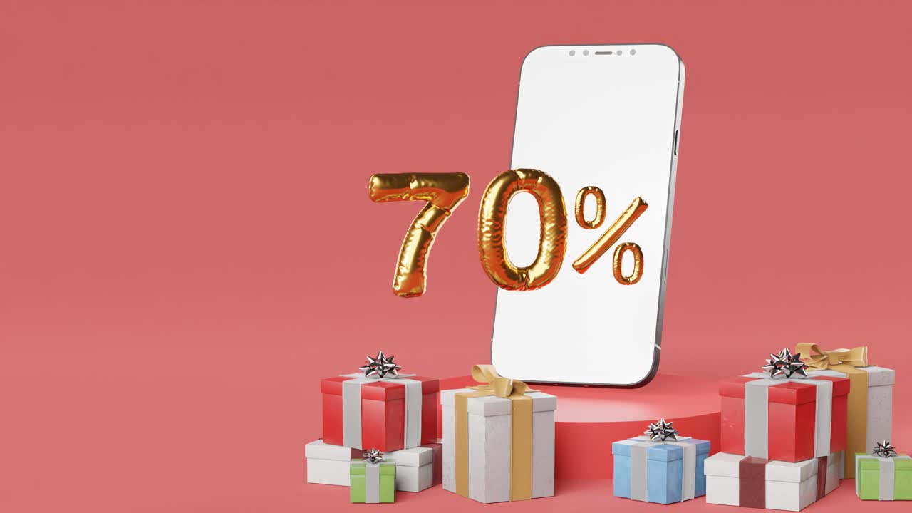 ⁇ 은 배경에 다양한 선물 상자  ⁇ 에 황금 70 %를 표시하는 스마트폰