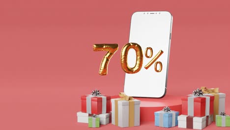 Smartphone-Mit-Goldenen-70-%-Neben-Verschiedenen-Geschenkboxen-Auf-Rotem-Hintergrund