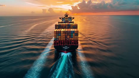 large container ship sailing on the open ocean at sunset