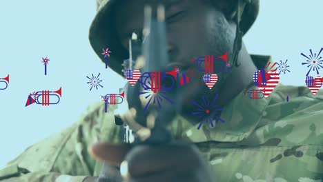 Animation-of-icons-coloured-in-american-flag-over-soldier-holding-machine-gun