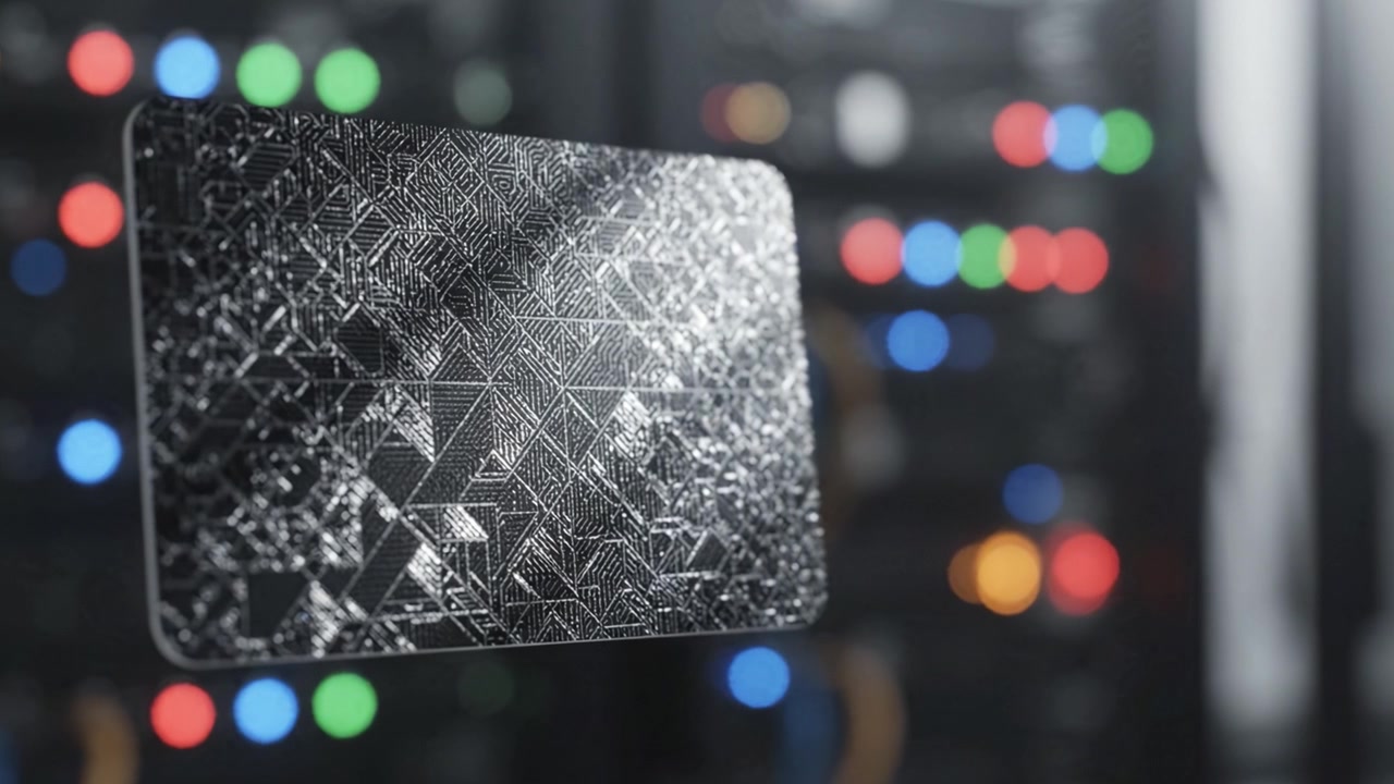 A Sleek, Modern Card Displays a Unique Geometric Design Against a Backdrop of Colorful Technological Lighting in a High-Tech Environment