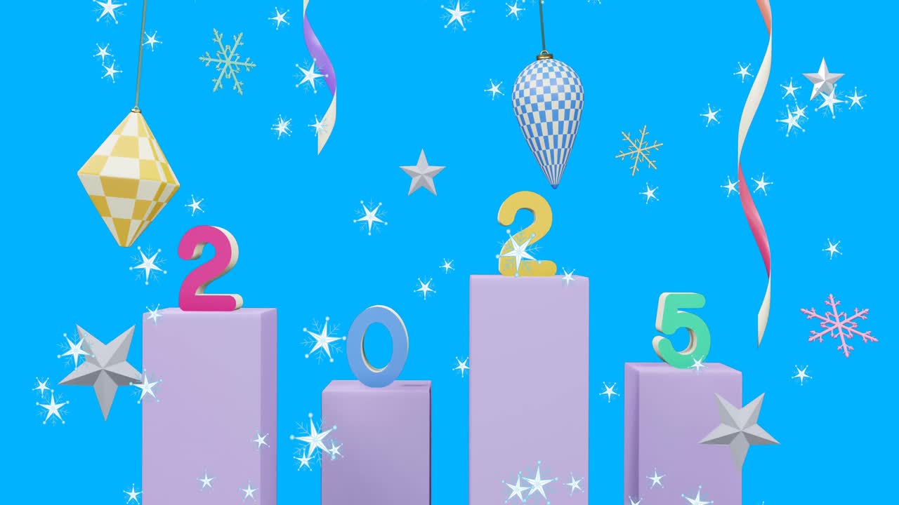 animación de texto de 2025 y decoraciones navideñas en el fondo
