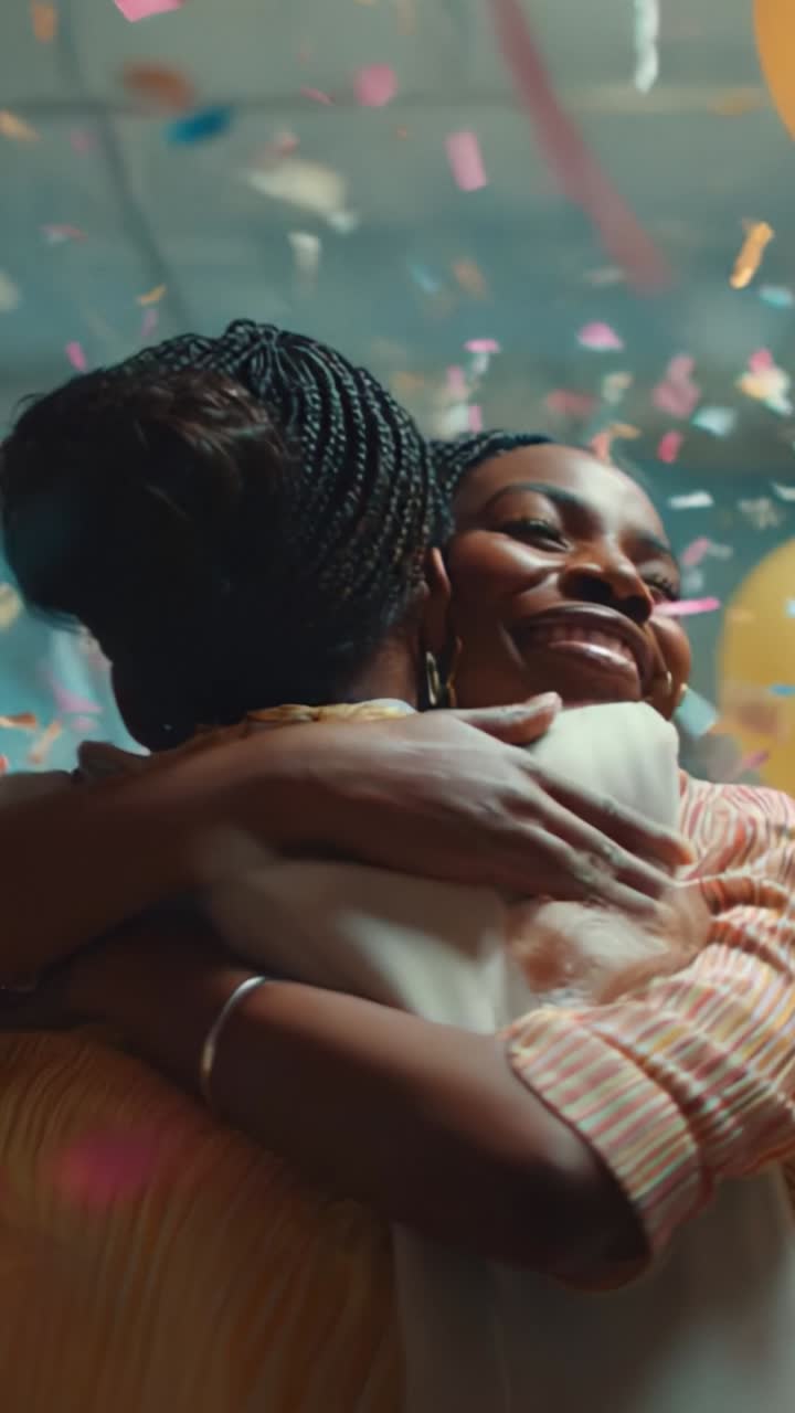 Two friends embrace joyfully amidst colorful confetti, celebrating a special moment of togetherness and happiness in a festive environment filled with delight