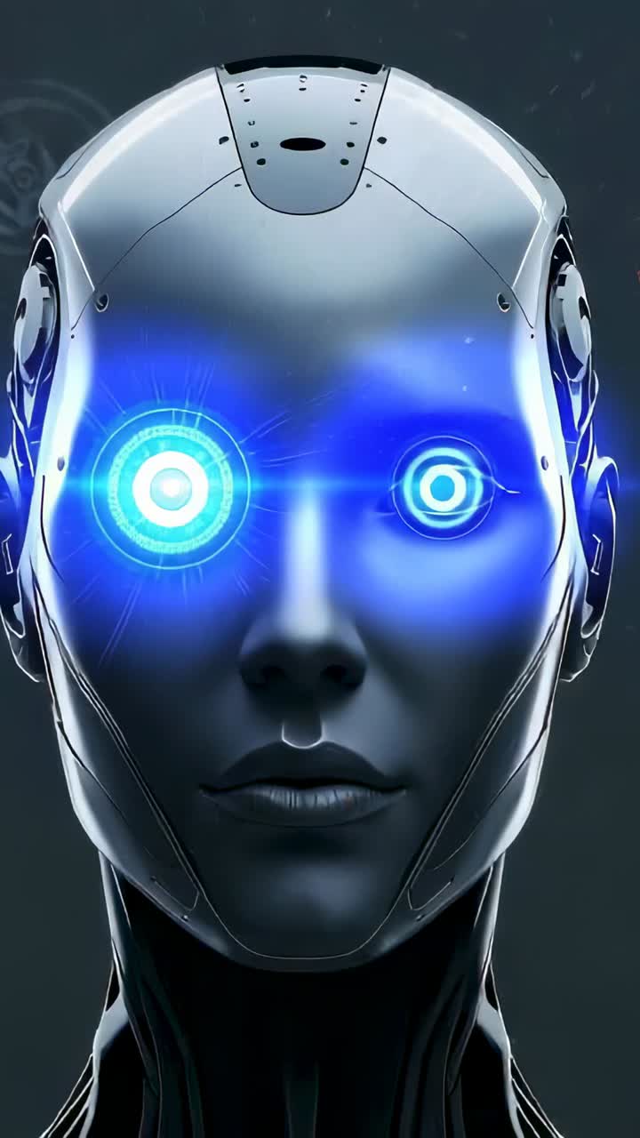 Vertical video: Powering robot head igniting left eye then right eye pulsing blue interfaces in lab
