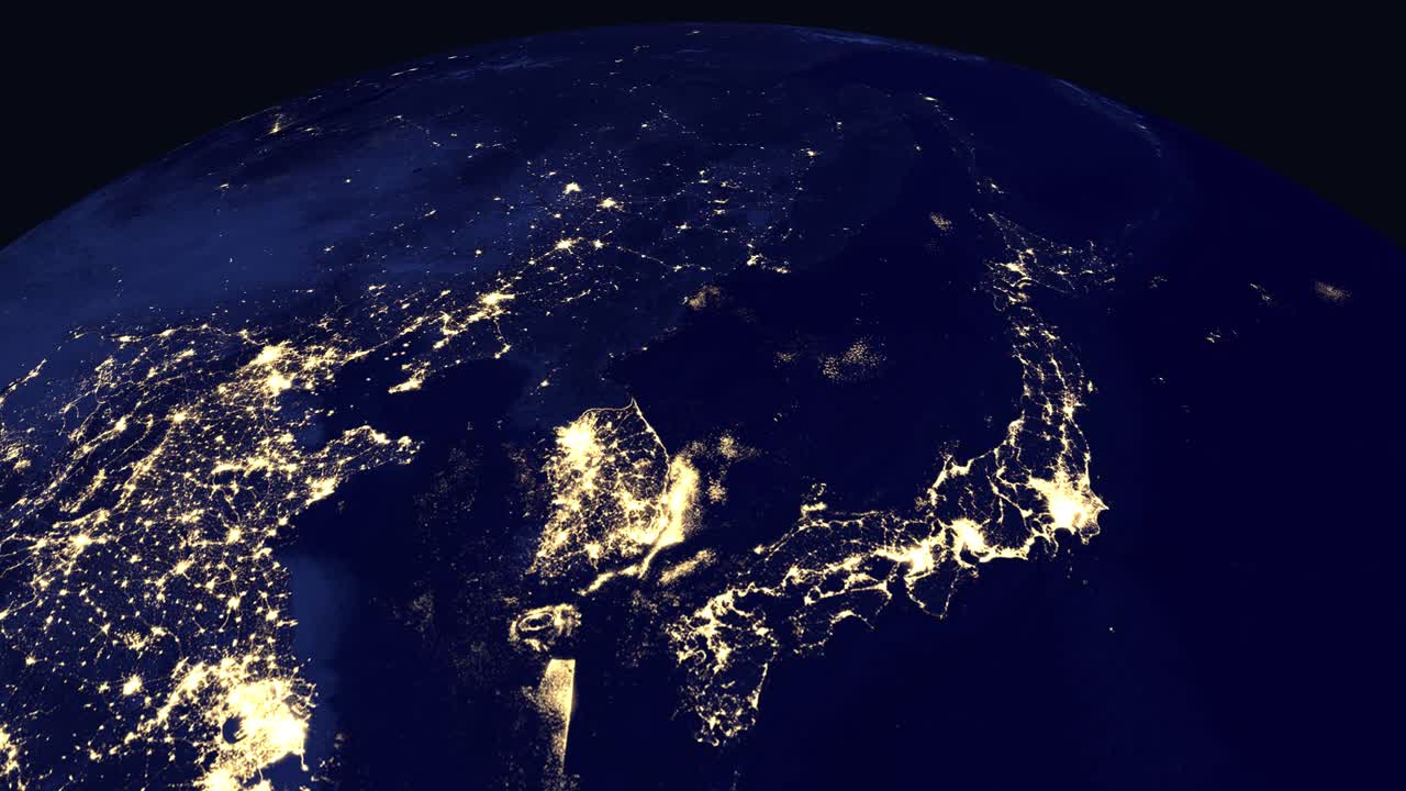 A digital animation zooms from space into East Asia, highlighting Pyongyang with city light labels